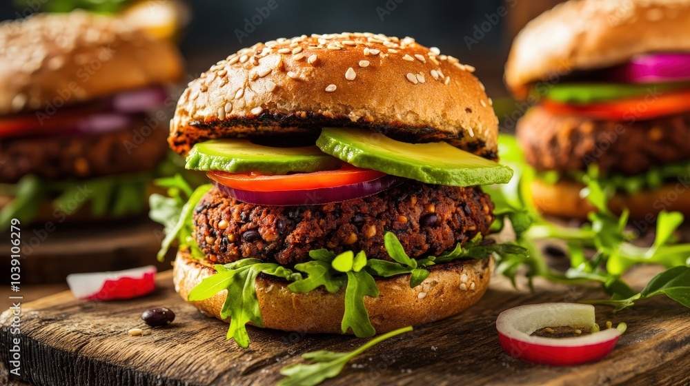 Delicious Vegan Burger with a Hearty Black Bean Patty, Fresh Avocado Slices, and Crisp Arugula on a Sesame Seed Bun Delicious Vegan Burger with a Hearty Black Bean Patty, Fresh Avocado Slices, and Crisp Arugula on a Sesame Seed Bun