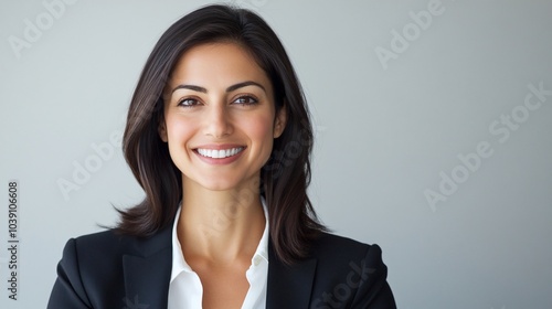 A smiling woman in a suit looking at the camera.