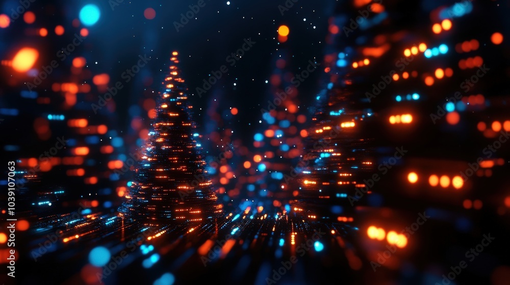 Abstract colorful lights with trees in blurred background, magical festive ambiance. Abstract colorful lights with trees in blurred background, magical festive ambiance.
