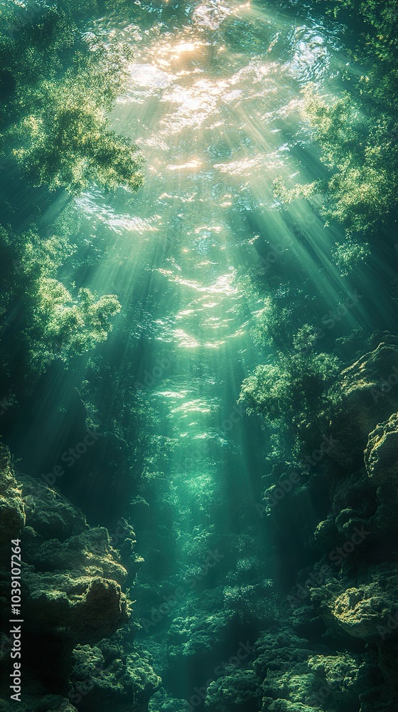 Sunbeams Through Underwater Coral Reef Sunbeams Through Underwater Coral Reef