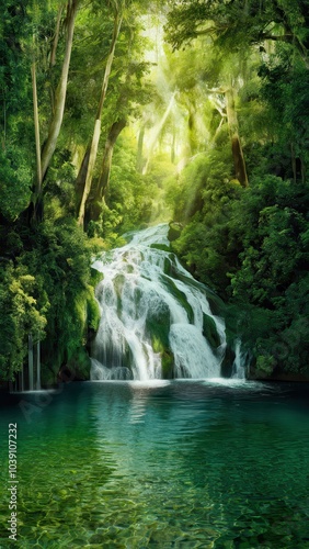 Scenic Waterfall Surrounded by Lush Greenery