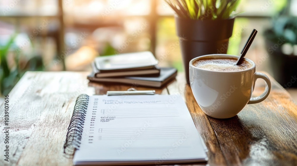 A white cup of coffee with a black stirrer sits on a wooden table next to a notebook and a plant in a black pot. The sun shines brightly through the window behind the scene. A white cup of coffee with a black stirrer sits on a wooden table next to a notebook and a plant in a black pot. The sun shines brightly through the window behind the scene.