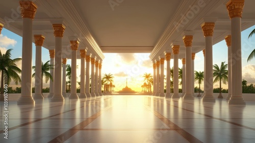 A grand, white colonnade with golden accents opens to reveal a stunning sunset behind a row of palm trees.