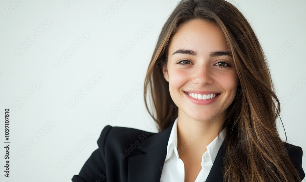 A young woman with long brown hair smiles confidently at the camera. She is wearing a black blazer and a white shirt. A young woman with long brown hair smiles confidently at the camera. She is wearing a black blazer and a white shirt.