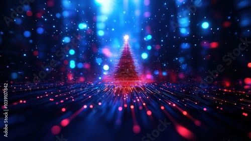 Christmas tree with vibrant lights and colorful bokeh on a dark background.