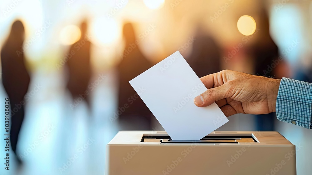 Individual casting a ballot into a voting box with blurred crowd in the background. Individual casting a ballot into a voting box with blurred crowd in the background.