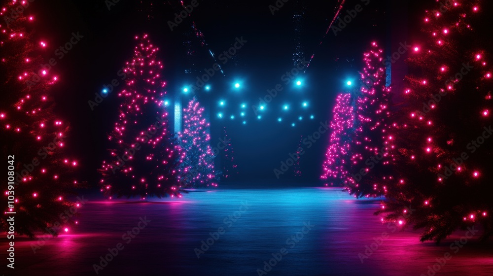 Colorful Christmas trees illuminated with vibrant lights in a festive setting. Colorful Christmas trees illuminated with vibrant lights in a festive setting.