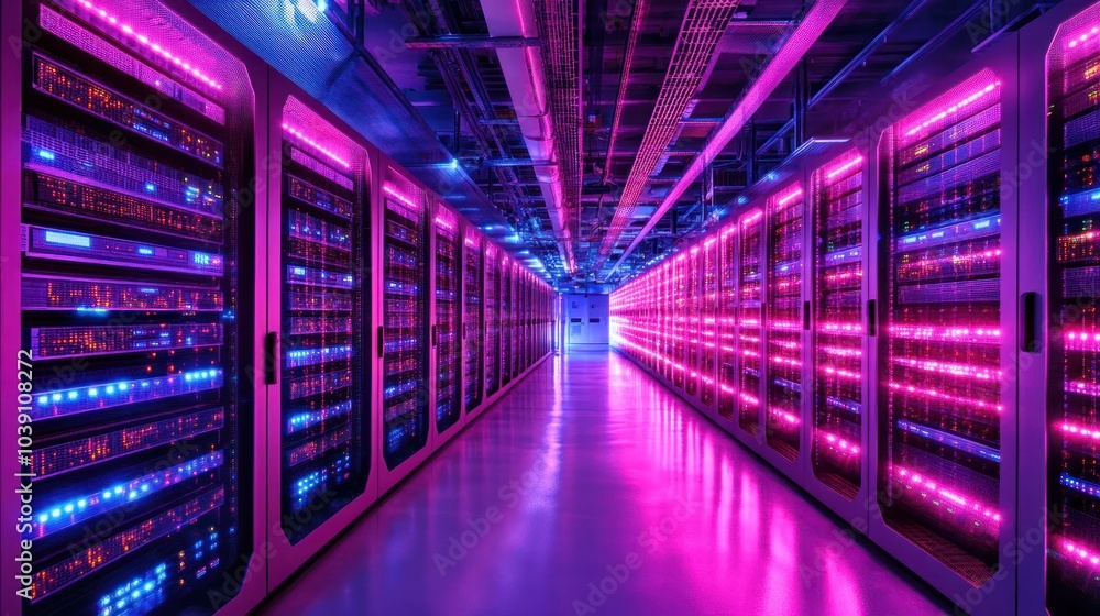Rows of servers in a data center with colorful lights. Rows of servers in a data center with colorful lights.