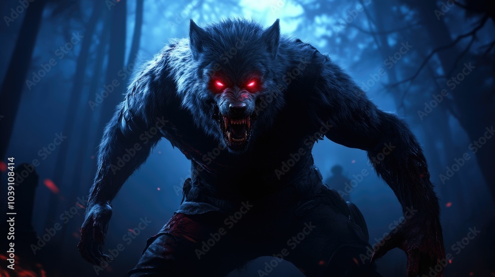 A werewolf with glowing red eyes snarls in a dark, misty forest. A werewolf with glowing red eyes snarls in a dark, misty forest.
