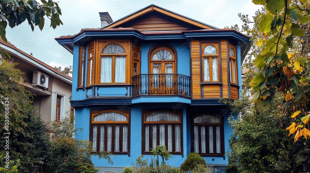 Fototapeta premium Charming Blue European Wooden House With a Balcony and Detailed Windows Nestled in a Lush Garden. Generative AI