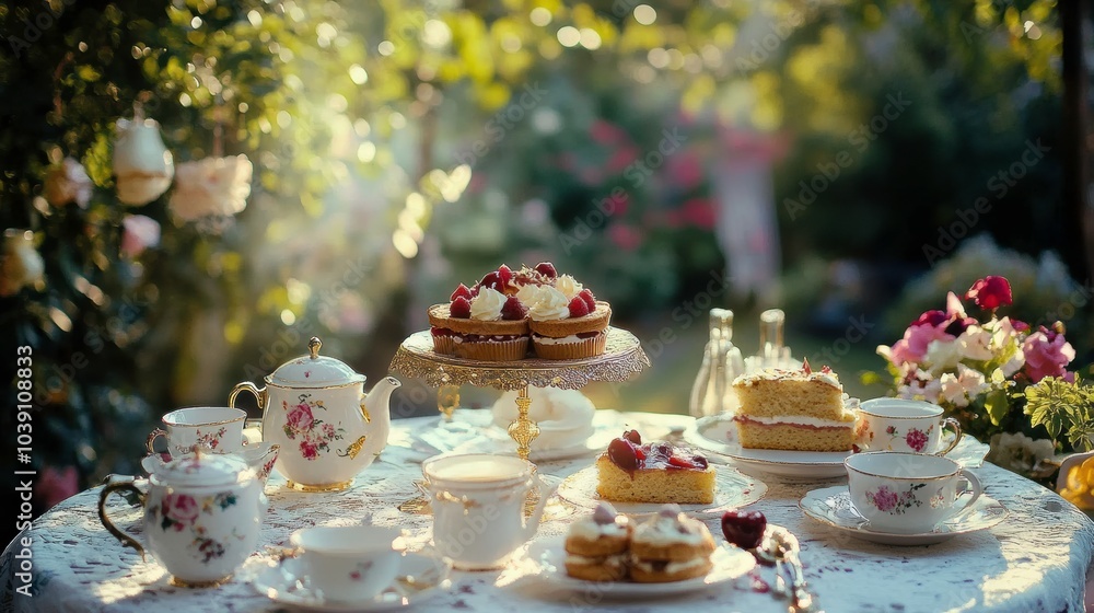 Enjoying an Elegant Afternoon Tea in a Garden Setting With Delightful Treats and Floral Decor. Generative AI Enjoying an Elegant Afternoon Tea in a Garden Setting With Delightful Treats and Floral Decor. Generative AI