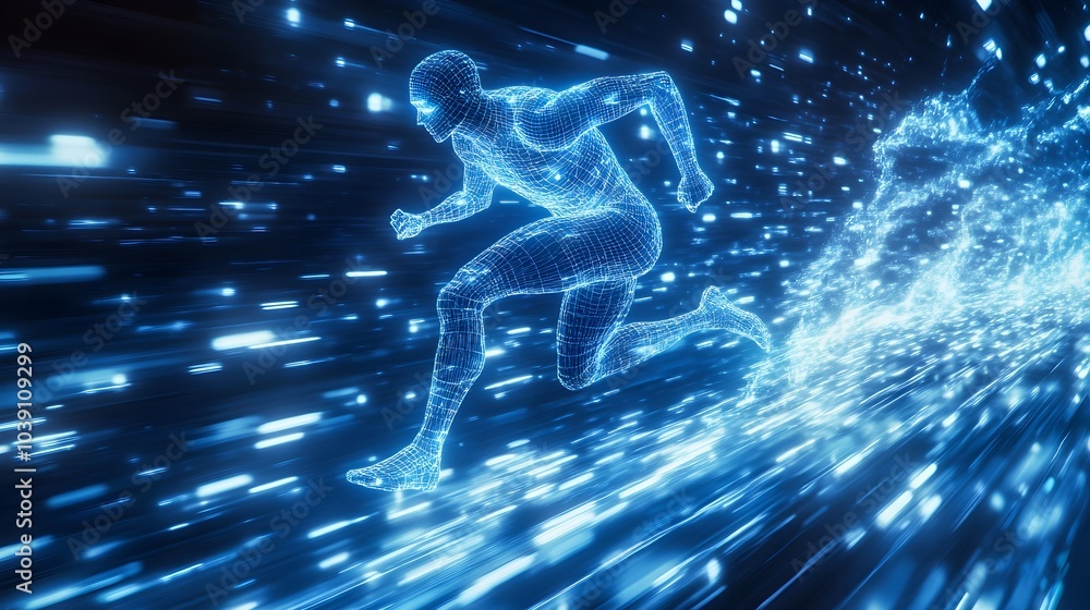 Dynamic holographic runner, blue wireframe figure, racing through a virtual environment, pixelated details and glowing blue trails behind Dynamic holographic runner, blue wireframe figure, racing through a virtual environment, pixelated details and glowing blue trails behind
