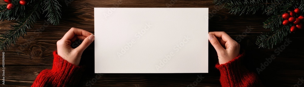Hands holding a blank card on a wooden table with Christmas decorations. Hands holding a blank card on a wooden table with Christmas decorations.