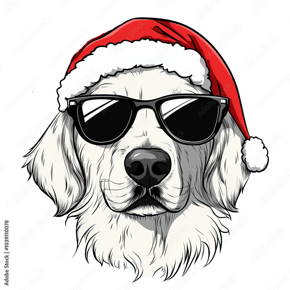Golden retriever dog wearing a santa hat and sunglasses drawing illustration, christmas theme design element Golden retriever dog wearing a santa hat and sunglasses drawing illustration, christmas theme design element