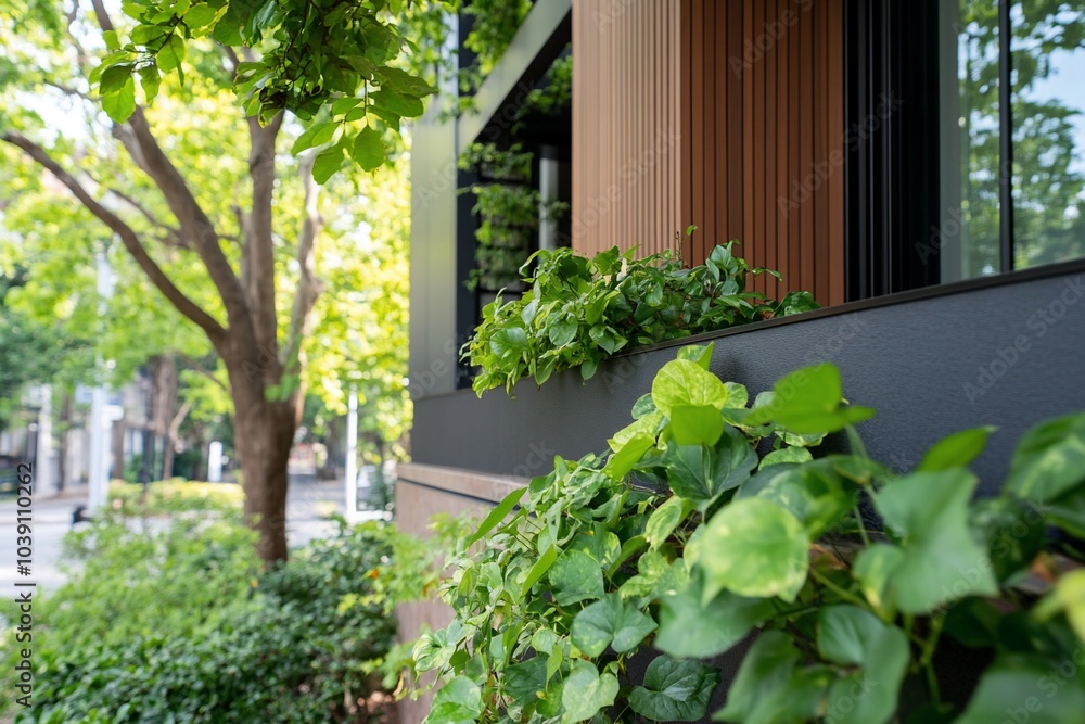 Green vines growing on a modern building facade, with a blurred street scene in the background. Green vines growing on a modern building facade, with a blurred street scene in the background.