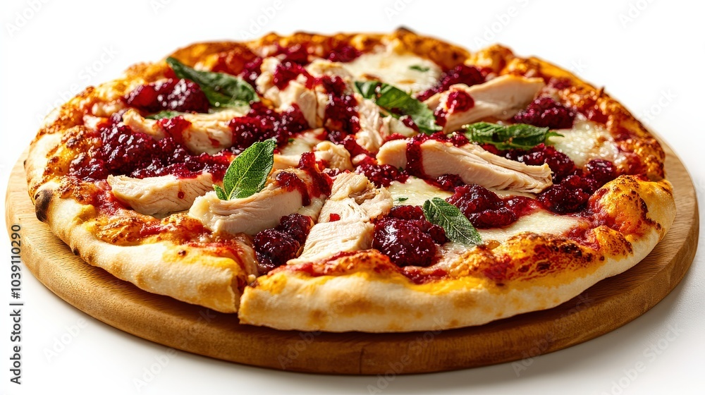 Delicious pizza topped with chicken, sauce, and fresh basil on a wooden board. Delicious pizza topped with chicken, sauce, and fresh basil on a wooden board.