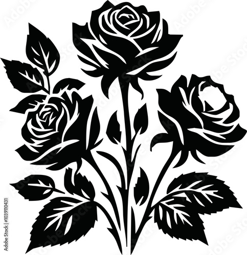 Roses flat black icon. Rose Art Beautiful Black and White Rose Illustration, Flowers silhouette icons.