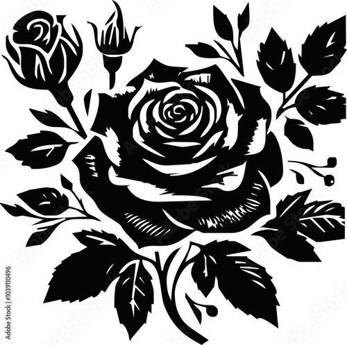 Roses flat black icon. Rose Art Beautiful Black and White Rose Illustration, Flowers silhouette icons.