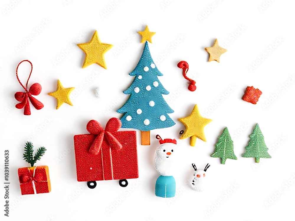 a christmas tree, presents, and a snowman are arranged on a white surface a christmas tree, presents, and a snowman are arranged on a white surface