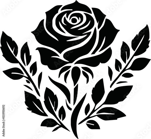 Roses flat black icon. Rose Art Beautiful Black and White Rose Illustration, Flowers silhouette icons.