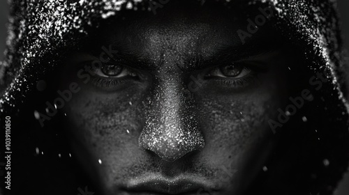 Intense Close-Up Portrait of a Man in a Hooded Shadow