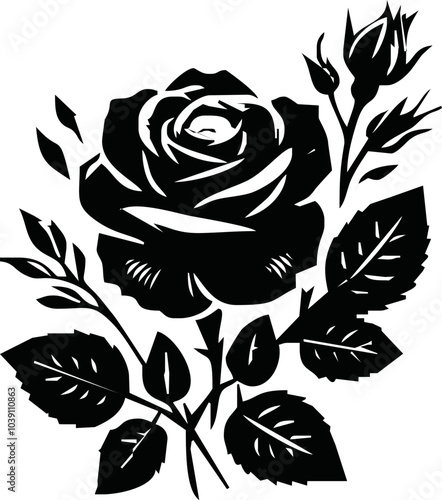 Roses flat black icon. Rose Art Beautiful Black and White Rose Illustration, Flowers silhouette icons.