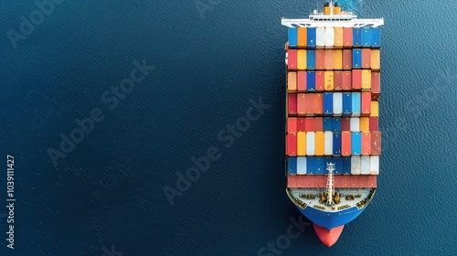 Aerial view of a large cargo ship loaded with colorful containers at sea. photo