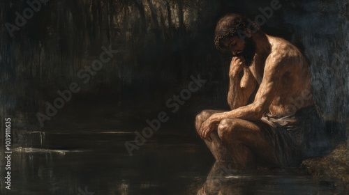 John the Baptist in Quiet Reflection by a Serene Water Body During a Tranquil Moment of Prayer. Generative AI