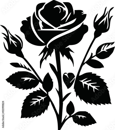 Roses flat black icon. Rose Art Beautiful Black and White Rose Illustration, Flowers silhouette icons.