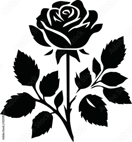 Roses flat black icon. Rose Art Beautiful Black and White Rose Illustration, Flowers silhouette icons.