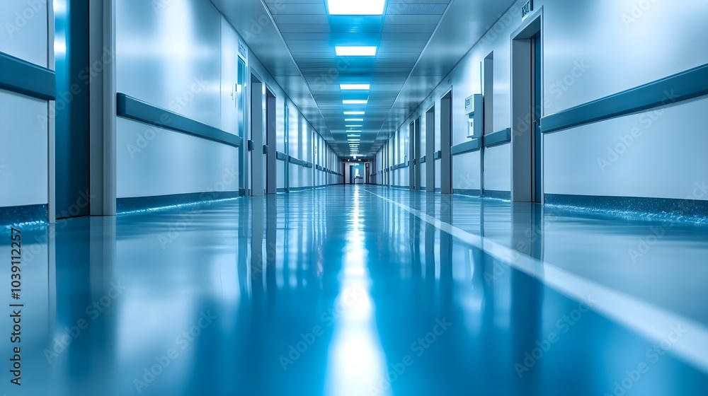 Pristine hospital corridor with sleek, modern lines, bright lighting, and a sterile environment, exuding cleanliness and futuristic healthcare design Pristine hospital corridor with sleek, modern lines, bright lighting, and a sterile environment, exuding cleanliness and futuristic healthcare design