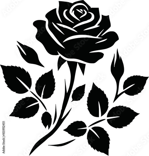 Roses flat black icon. Rose Art Beautiful Black and White Rose Illustration, Flowers silhouette icons.