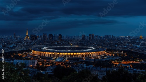Night View of the Stade de France with the Eiffel Tower