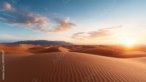 Sunset over sand dunes in the desert.