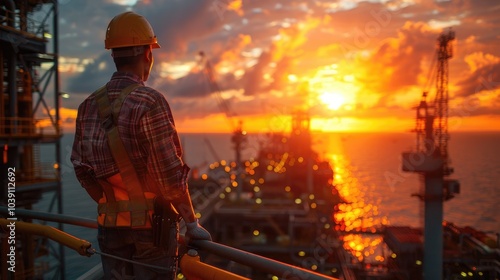 A worker in a hard hat and safety vest stands on an offshore oil rig platform watching the sunset.