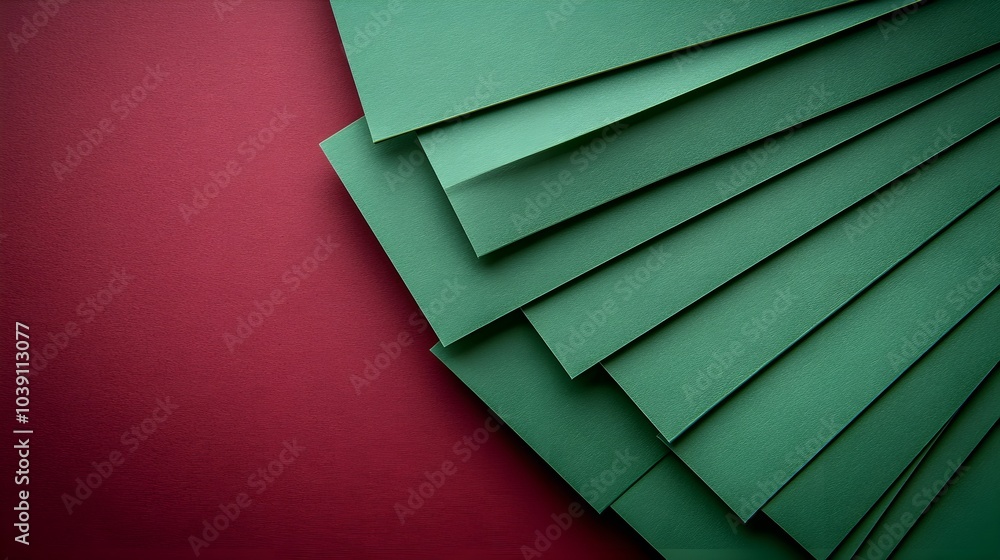 Close-up top view of vibrant green paper sheets fanned out on a rich burgundy background, Graphic Design, Minimalist, High Contrast, Bold Colors Close-up top view of vibrant green paper sheets fanned out on a rich burgundy background, Graphic Design, Minimalist, High Contrast, Bold Colors