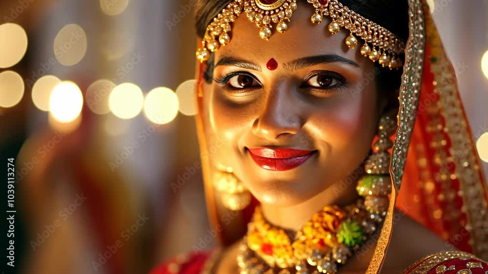 A bride in a red saree smiles at the camera during her wedding ceremony, surrounded by sparkling lights A bride in a red saree smiles at the camera during her wedding ceremony, surrounded by sparkling lights