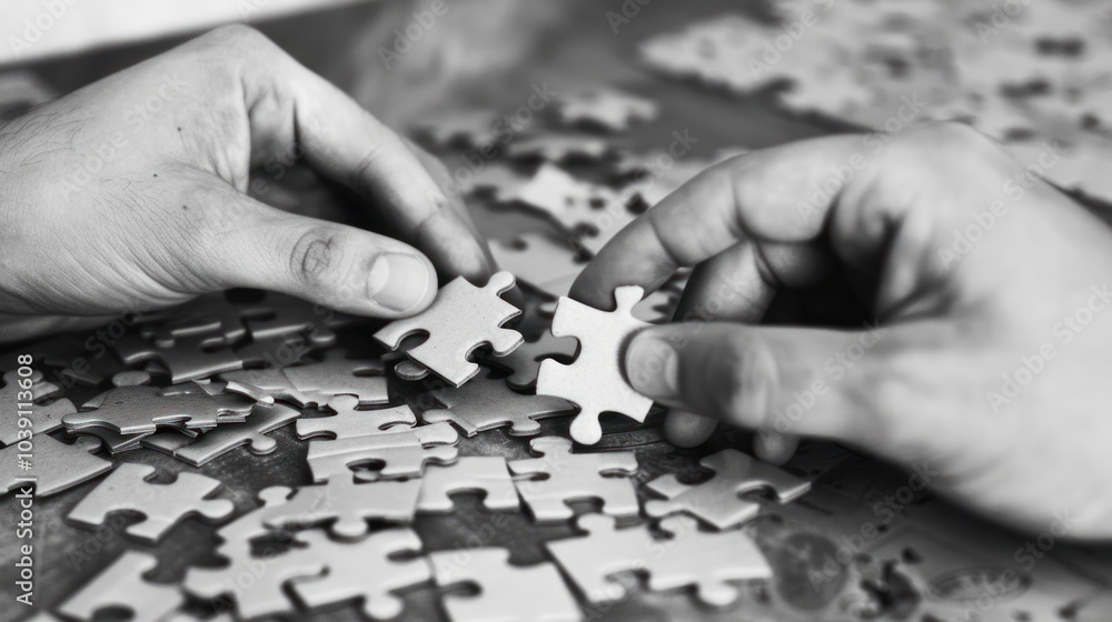 Black and white close-up of two hands assembling puzzle pieces. Concept of teamwork, connection, and solving challenges. Design for educational posters or teamwork banners. Black and white close-up of two hands assembling puzzle pieces. Concept of teamwork, connection, and solving challenges. Design for educational posters or teamwork banners.