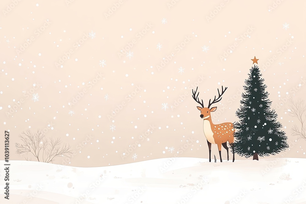 A deer stands in snowy field with a Christmas tree. Perfect for holiday cards, invitations, and social media posts. A deer stands in snowy field with a Christmas tree. Perfect for holiday cards, invitations, and social media posts.