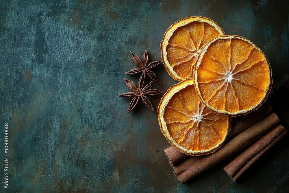 Christmas dried oranges,cinnamon sticks and anise star, copy space background - generative ai Christmas dried oranges,cinnamon sticks and anise star, copy space background - generative ai