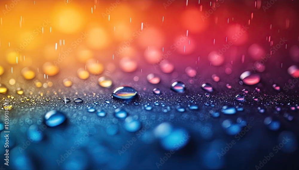 Water droplets on a colorful surface. The photo captures the beauty of water and light interacting, ideal for backgrounds and textures. Water droplets on a colorful surface. The photo captures the beauty of water and light interacting, ideal for backgrounds and textures.