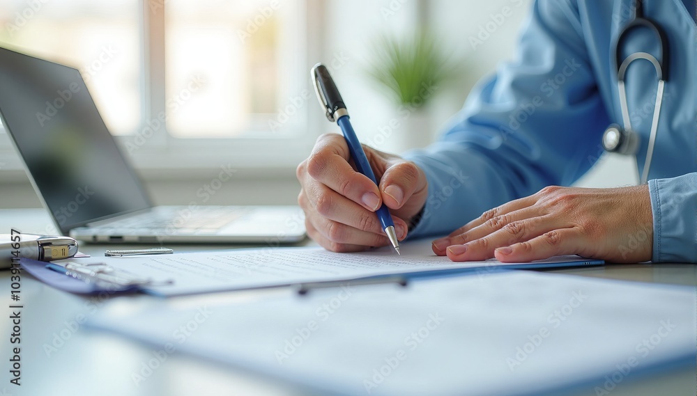 Naklejka premium Doctor Writing Notes with Laptop in Office, Ideal for Healthcare Blogs, Medical Websites, and Educational Materials