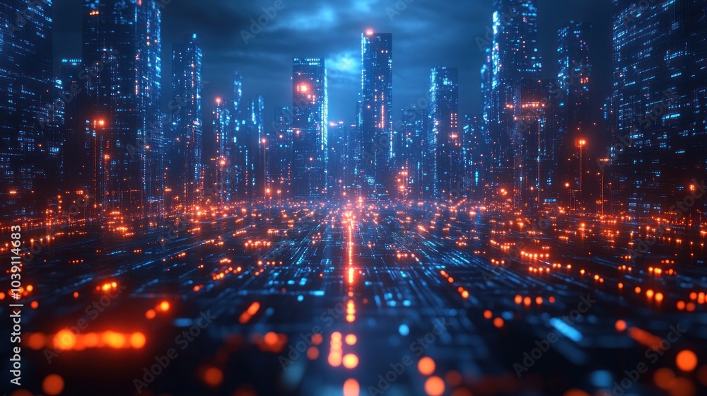 Futuristic cityscape with glowing lights and digital elements. Futuristic cityscape with glowing lights and digital elements.