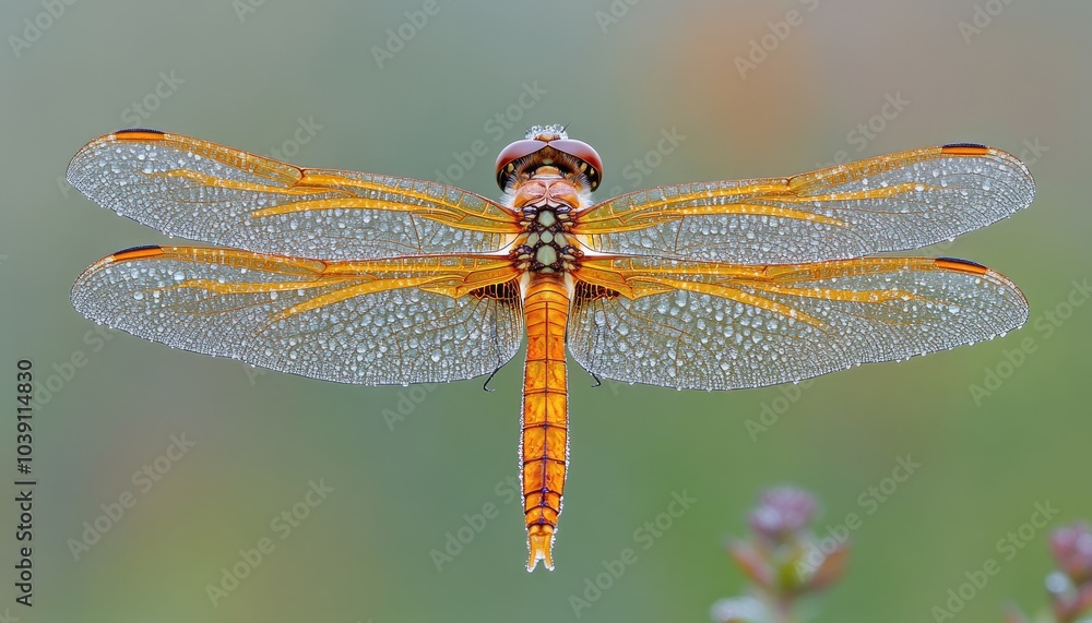 Dragonfly with dew drops on wings. Perfect for nature, insect, or macro photography projects. Dragonfly with dew drops on wings. Perfect for nature, insect, or macro photography projects.