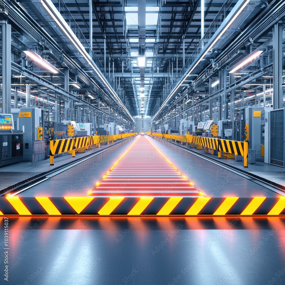 Fototapeta premium Modern industrial facility with illuminated pathways and safety barriers.