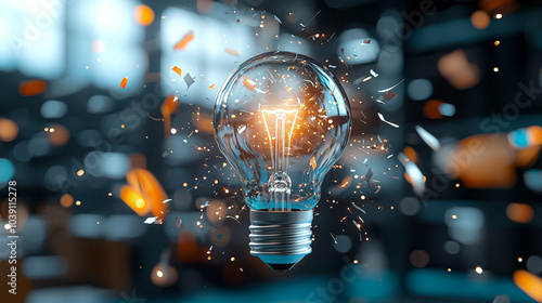 A light bulb is lit up in a room with a lot of debris