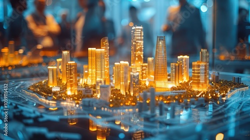 A model of a futuristic city with skyscrapers on an exhibition table