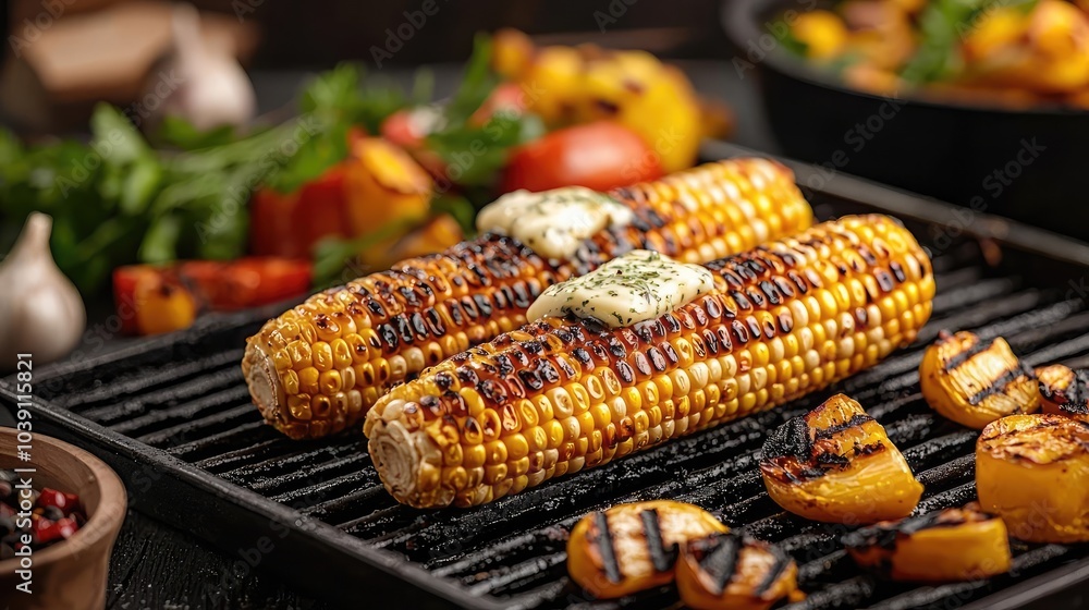 Grilled corn on the cob with butter and herbs on a barbecue grill. Grilled corn on the cob with butter and herbs on a barbecue grill.