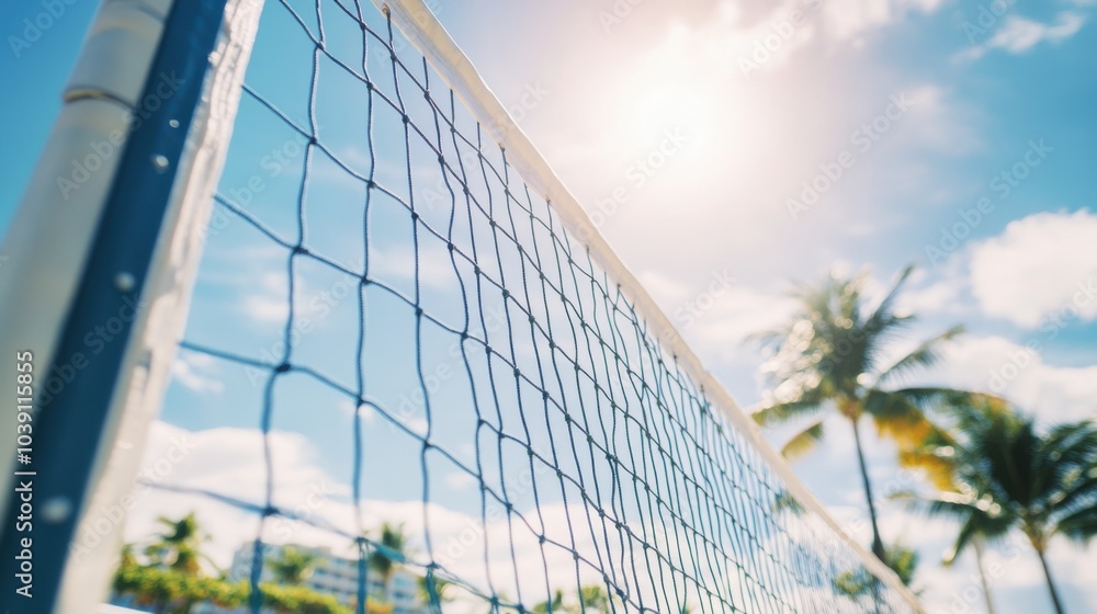 A volleyball net with netting details, outdoor setting with beach ambiance, Vibrant style A volleyball net with netting details, outdoor setting with beach ambiance, Vibrant style