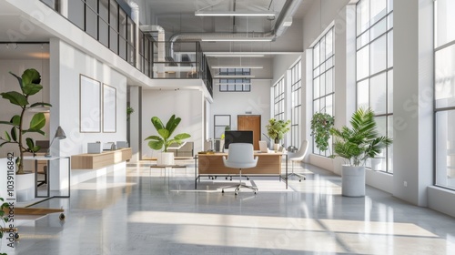 Modern open office space with white walls and natural light, concept of workspace productivity. 3D Rendering